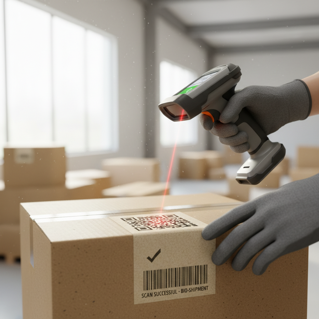 Detailed close up of eco friendly packaging being scanned to ensure supply chain sustainability during distribution.