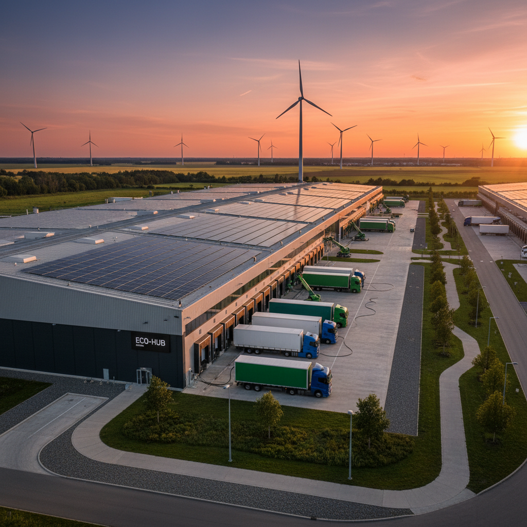 Wide view of a solar powered logistics center with electric trucks showing supply chain sustainability in action.