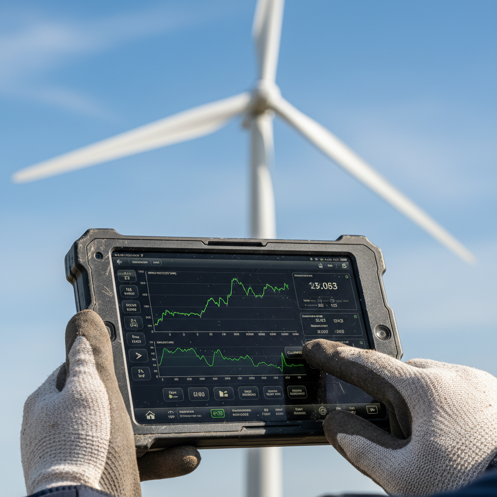 Close up of a technician using a digital tablet for sustainability data management at a wind farm under natural light.