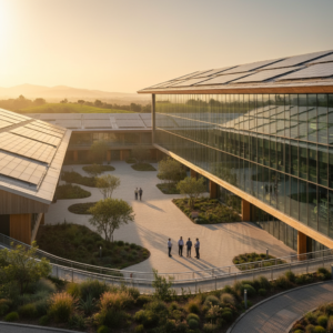 Modern green industrial complex at sunset showing large scale sustainability data management infrastructure and solar panels.