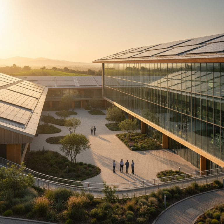 Modern green industrial complex at sunset showing large scale sustainability data management infrastructure and solar panels.