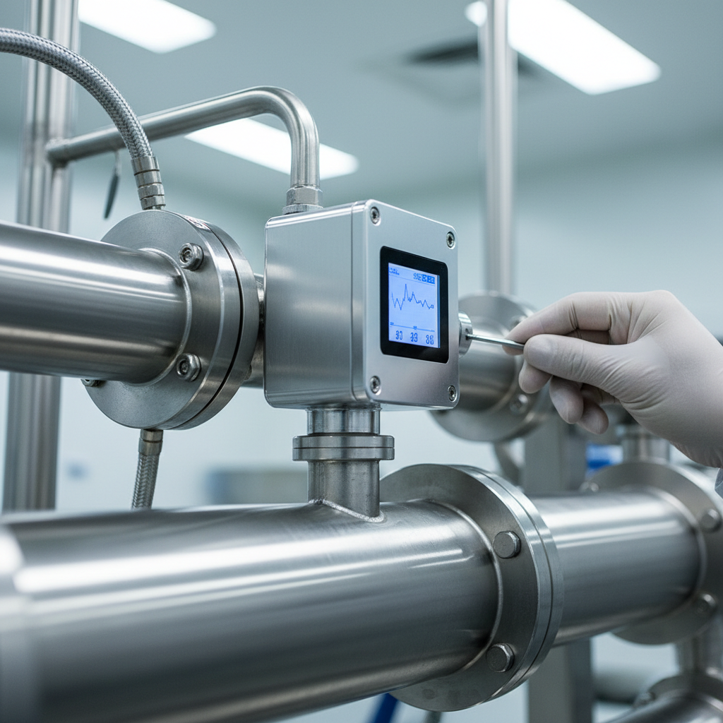 Close up of a technician checking a digital sensor on industrial pipes to track sustainability metrics in a water plant.