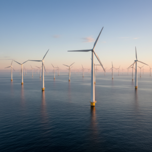 Wide panoramic view of a massive offshore wind farm at sea illustrating global sustainability metrics and clean energy scale.