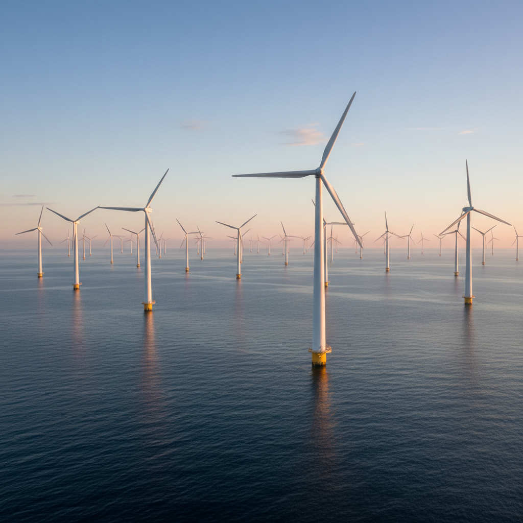 Wide panoramic view of a massive offshore wind farm at sea illustrating global sustainability metrics and clean energy scale.