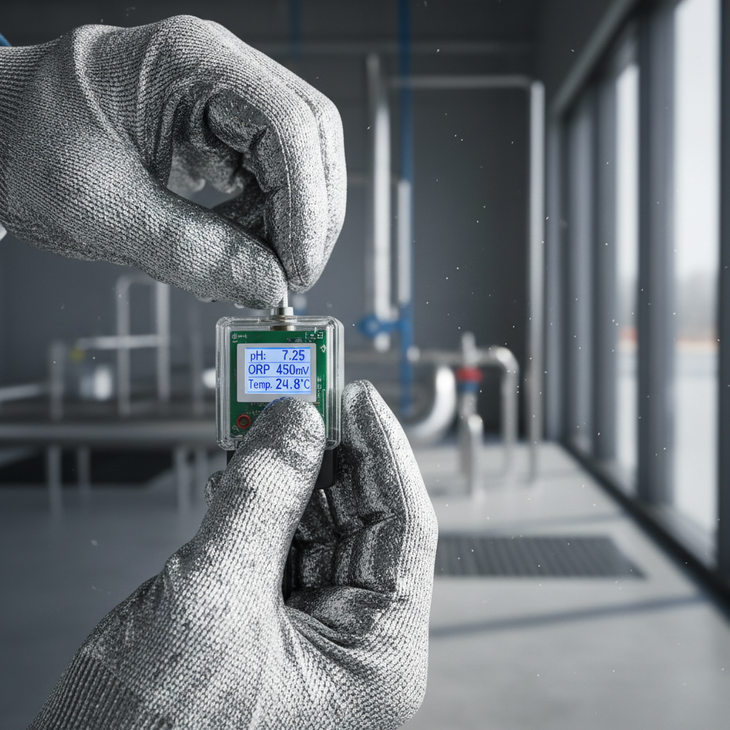 Close up of a technician checking water sensors to meet sustainability reporting standards in a professional facility.