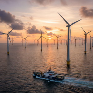 Wide shot of an offshore wind farm at sunset representing global sustainability reporting standards for green energy.