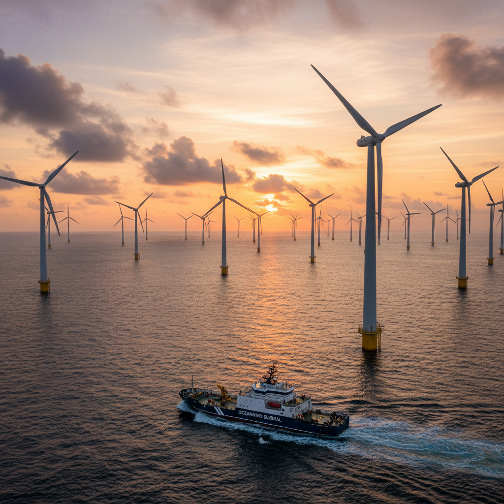 Wide shot of an offshore wind farm at sunset representing global sustainability reporting standards for green energy.