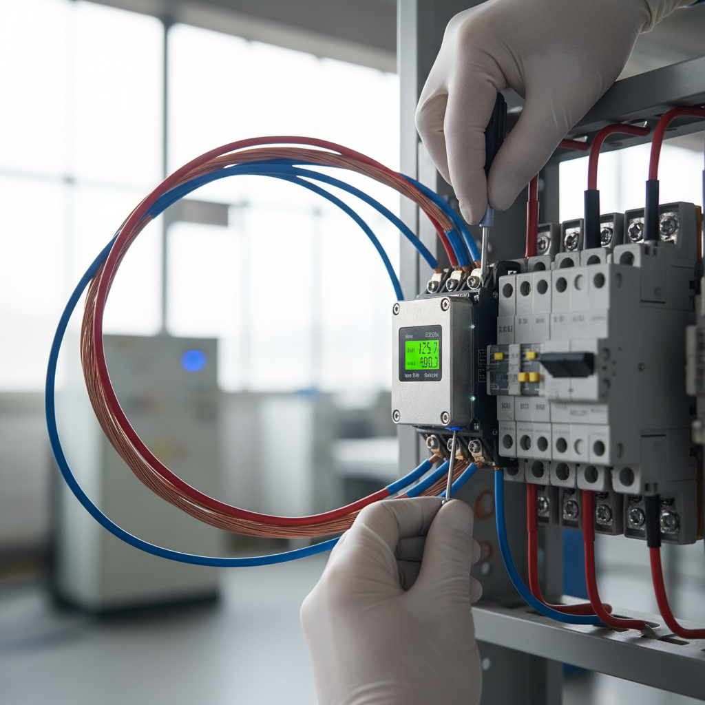 A technician installs energy monitoring hardware as part of sustainable business practices in a technical close up.