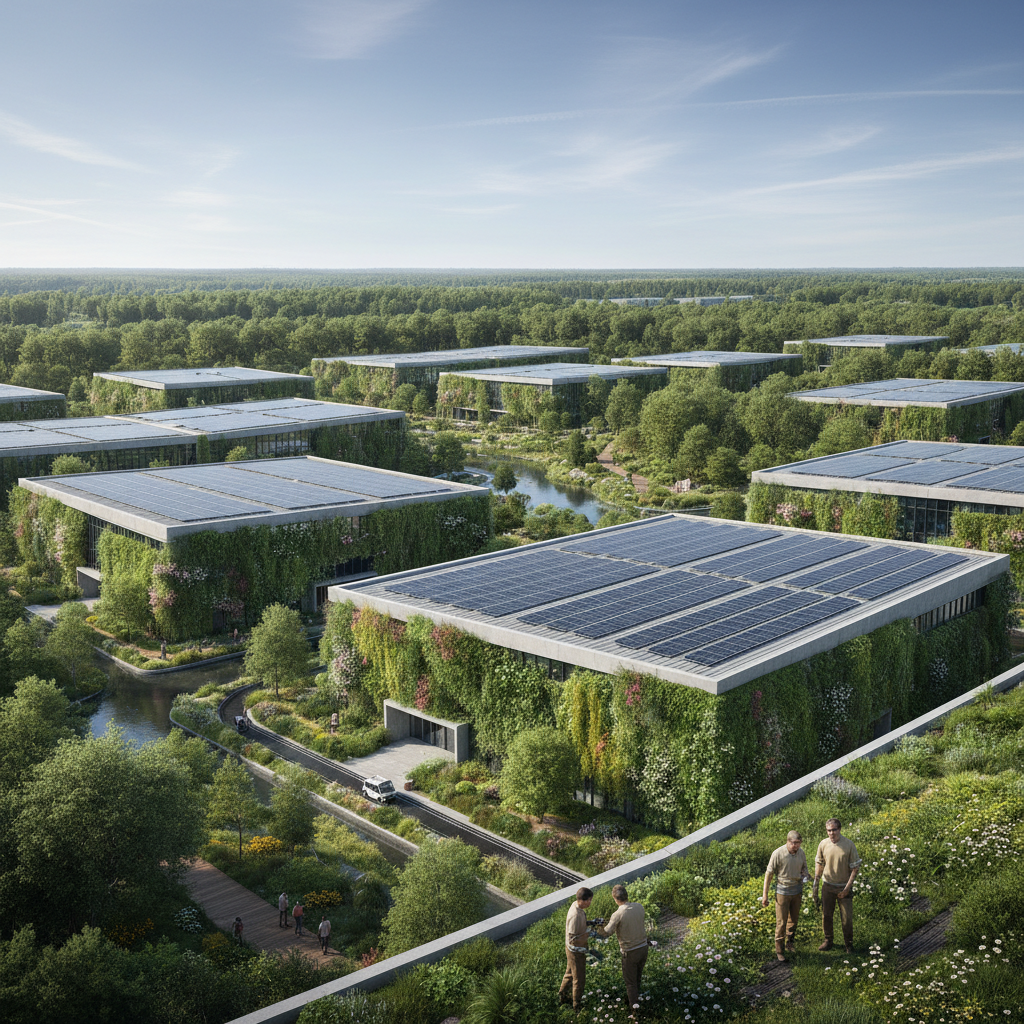 Solar panels and green walls on a large factory illustrating sustainable business practices in a wide landscape view.