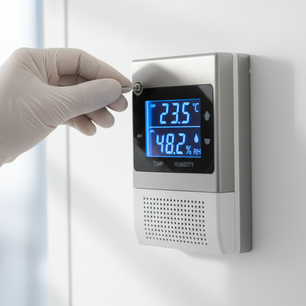 Close up of a technician checking a digital sensor for temperature and humidity monitoring in a lab.