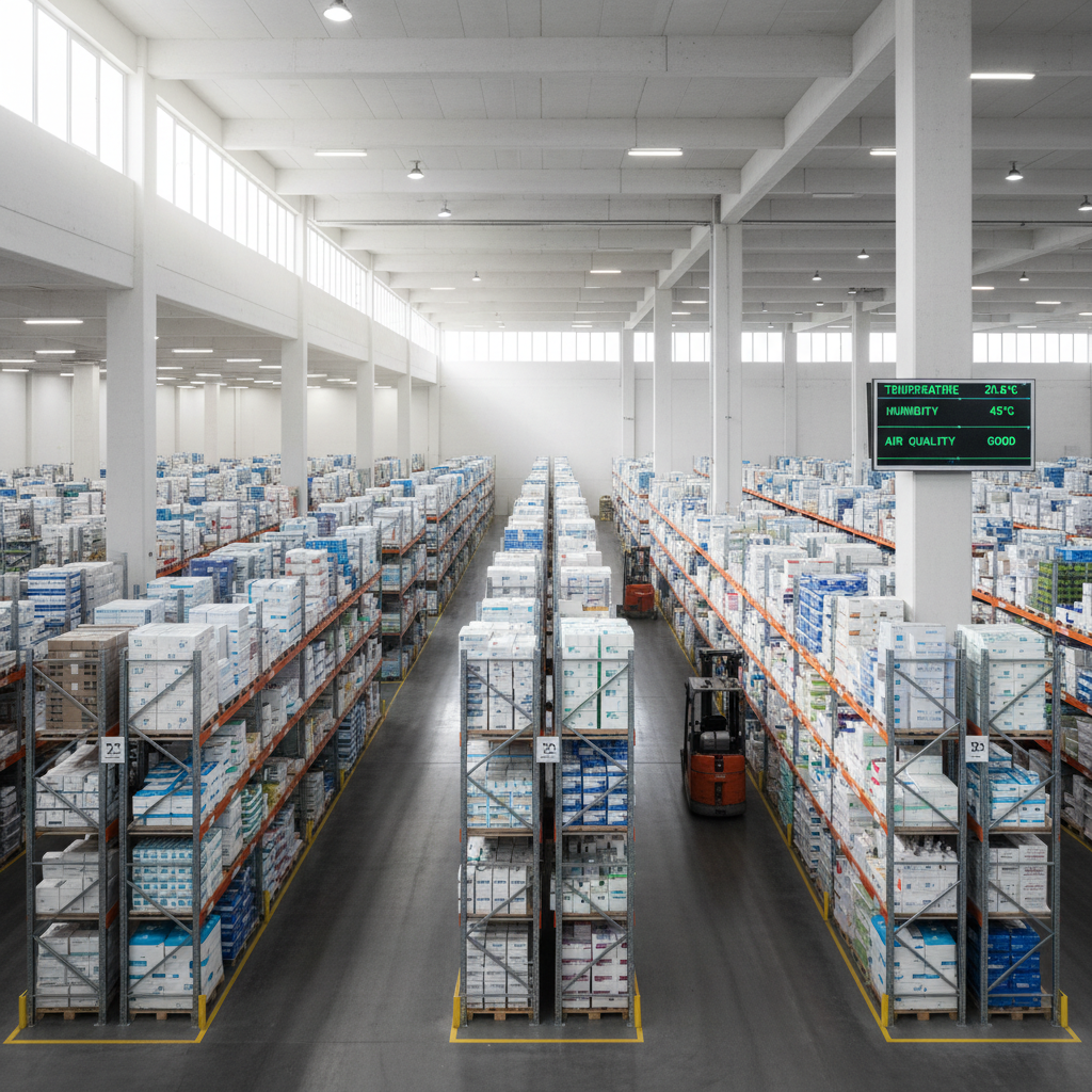 Wide view of a modern warehouse interior with sensors for temperature and humidity monitoring on the walls.