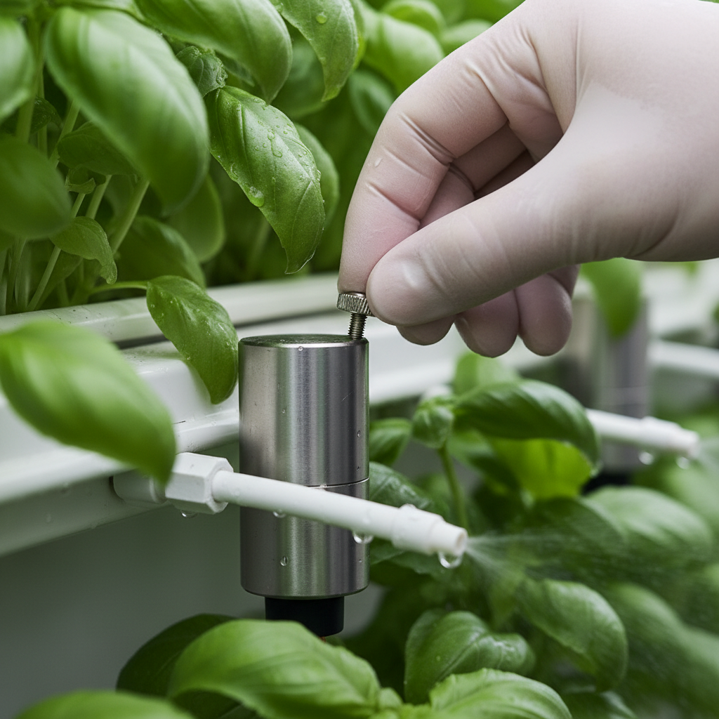 Macro shot of a sensor monitoring vertical farm climate control systems near lush green plants in a hydroponic setup.