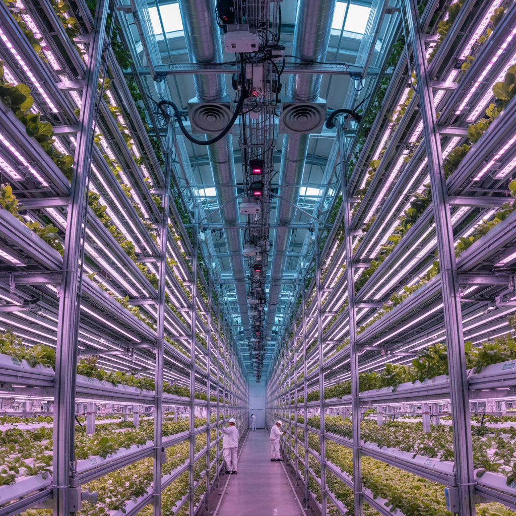 Wide view of an industrial facility using vertical farm climate control with LED lighting and ventilation systems.
