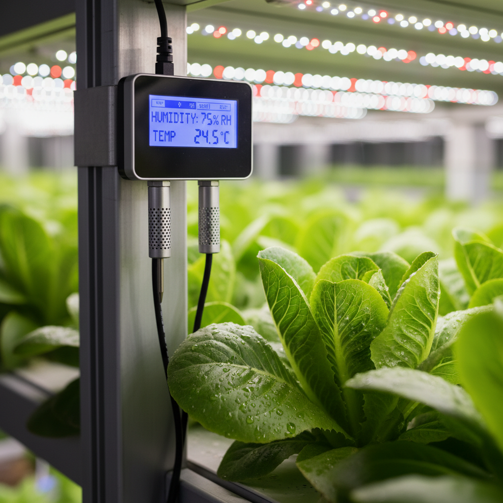 Close up of a technical sensor device used for vertical farm environmental monitoring next to fresh green crops.