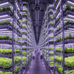 Wide view of a large indoor facility showing vertical farm environmental monitoring systems across multiple plant layers.