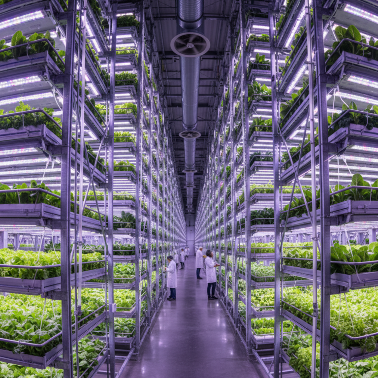 Wide view of a large indoor facility showing vertical farm environmental monitoring systems across multiple plant layers.