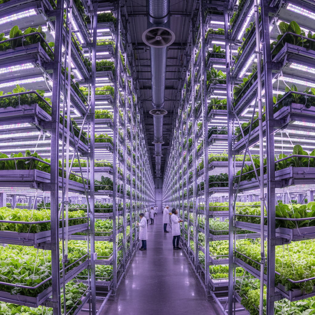 Wide view of a large indoor facility showing vertical farm environmental monitoring systems across multiple plant layers.