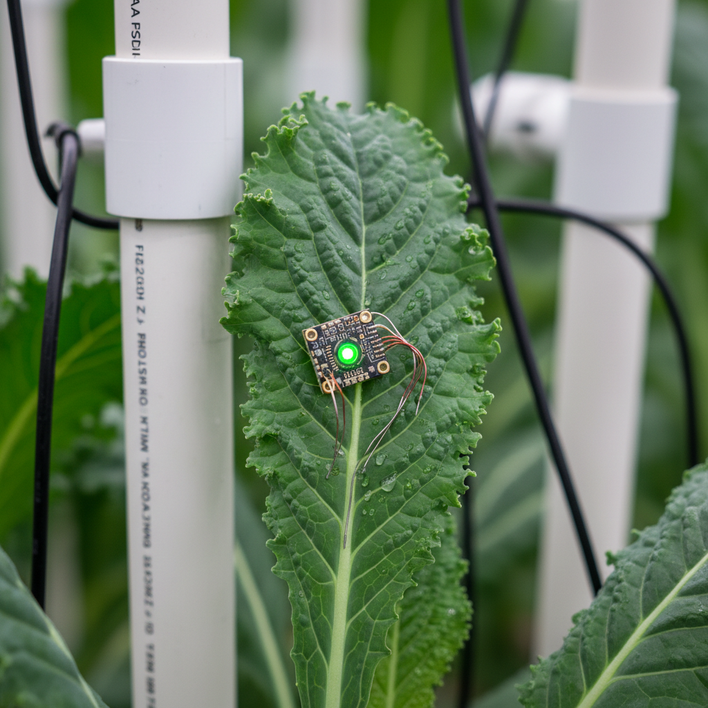 Macro shot of a technical sensor from a vertical farm monitoring system attached to green leaves in a hydroponic setup.