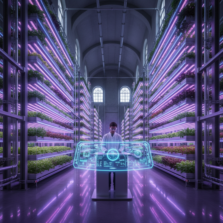 Wide view of a vertical farm monitoring system with tall LED plant racks and a technician at a digital control station.