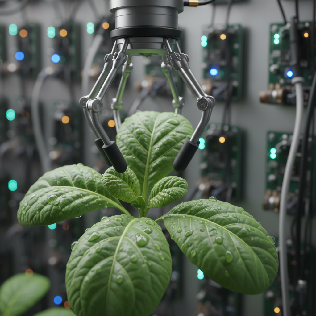 Close up of a robotic arm leaf sensor demonstrating vertical farming automation technology on fresh green crops.