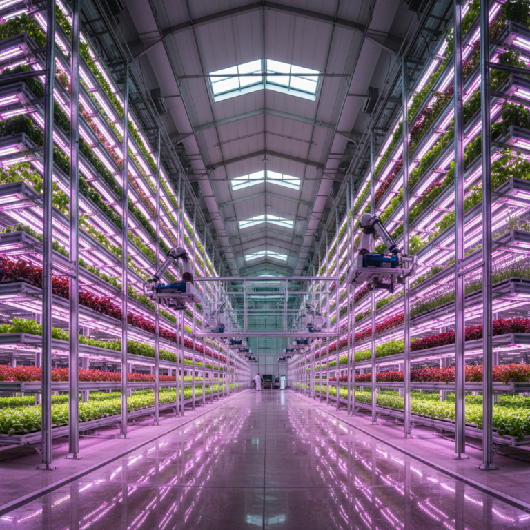 Wide view of a large facility using vertical farming automation with LED lights and robotic tracks in a modern warehouse.