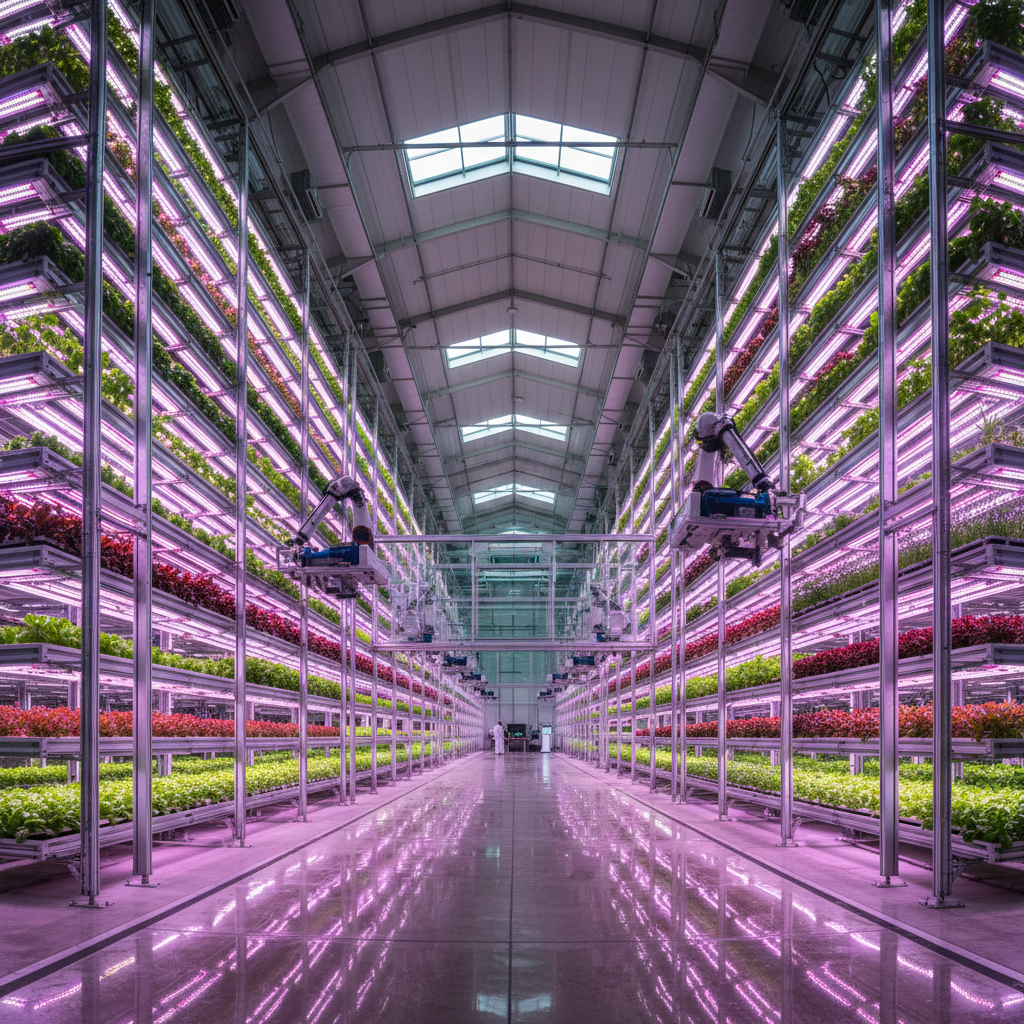 Wide view of a large facility using vertical farming automation with LED lights and robotic tracks in a modern warehouse.