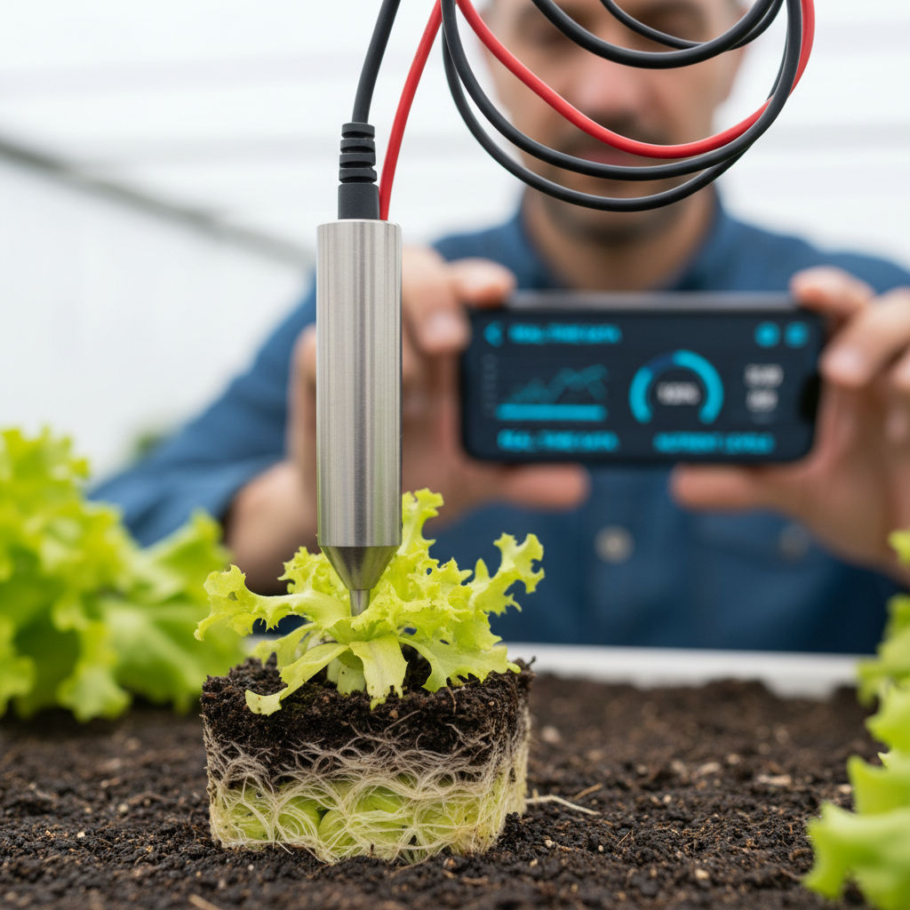 Close up of a smart soil sensor and plant roots highlighting vertical farming data analytics for precision agriculture.