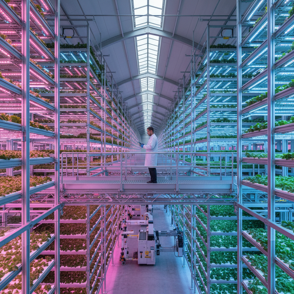 Technician overlooking rows of glowing plant towers in a facility using vertical farming data analytics to monitor growth.