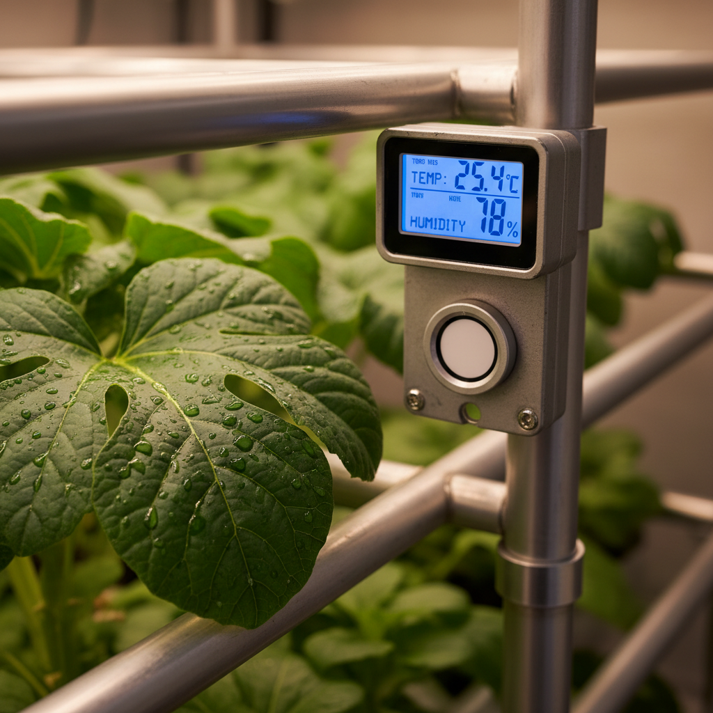 Close up of a sensor monitoring vertical farming humidity control next to lush green leaves in a professional indoor farm.