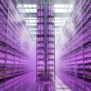 Wide view of a large indoor facility showing advanced vertical farming humidity control systems and glowing plant racks.