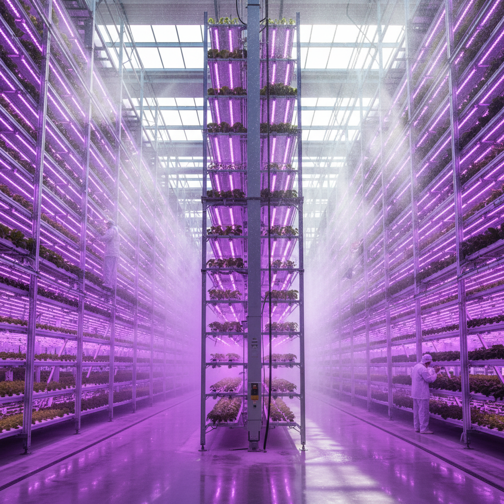 Wide view of a large indoor facility showing advanced vertical farming humidity control systems and glowing plant racks.