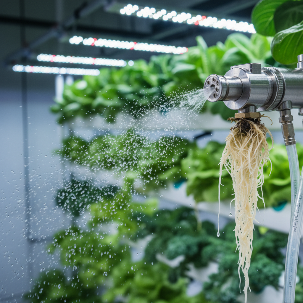 Macro shot of a hydroponic misting system illustrating vertical farming optimization and precise nutrient delivery.