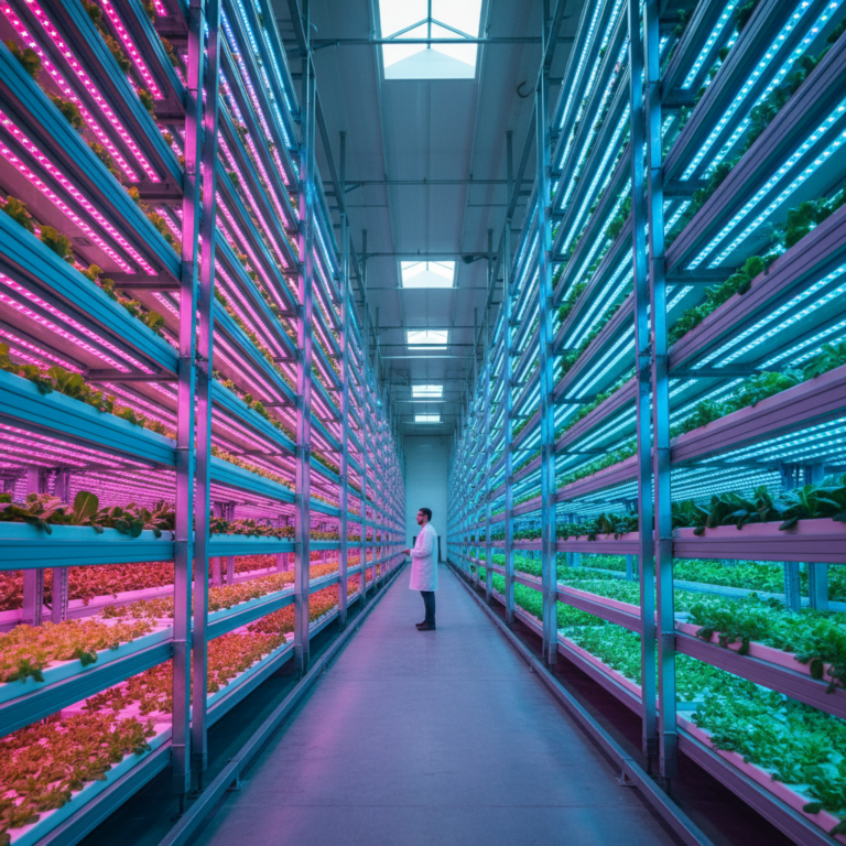 Wide view of a high-tech indoor facility showing vertical farming optimization through scale and automated LED lighting.