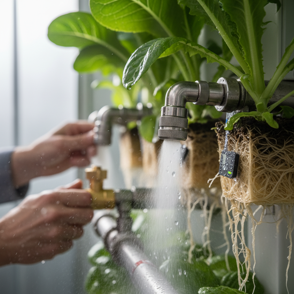 Close up of a nutrient spray nozzle demonstrating precise vertical farming resource management for plant root health.