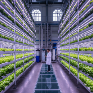 Wide view of a massive indoor facility showing vertical farming resource management with LED racks and automated systems.