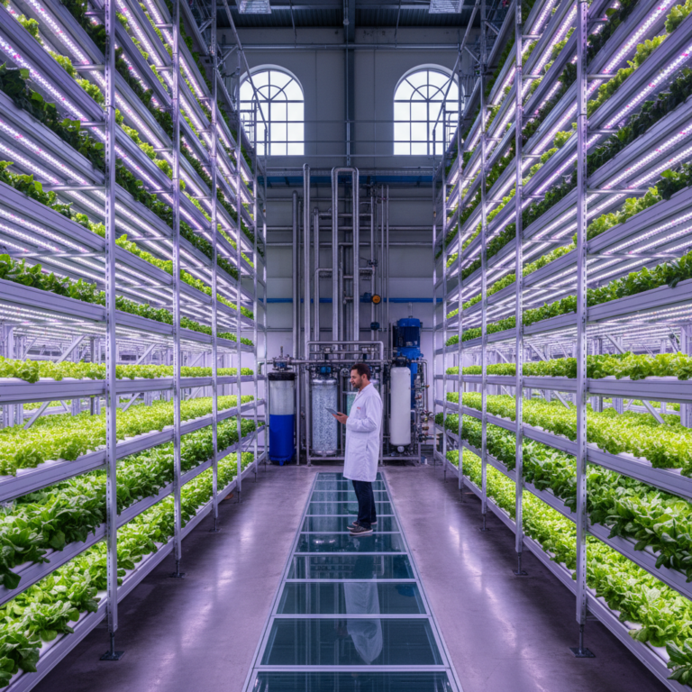 Wide view of a massive indoor facility showing vertical farming resource management with LED racks and automated systems.