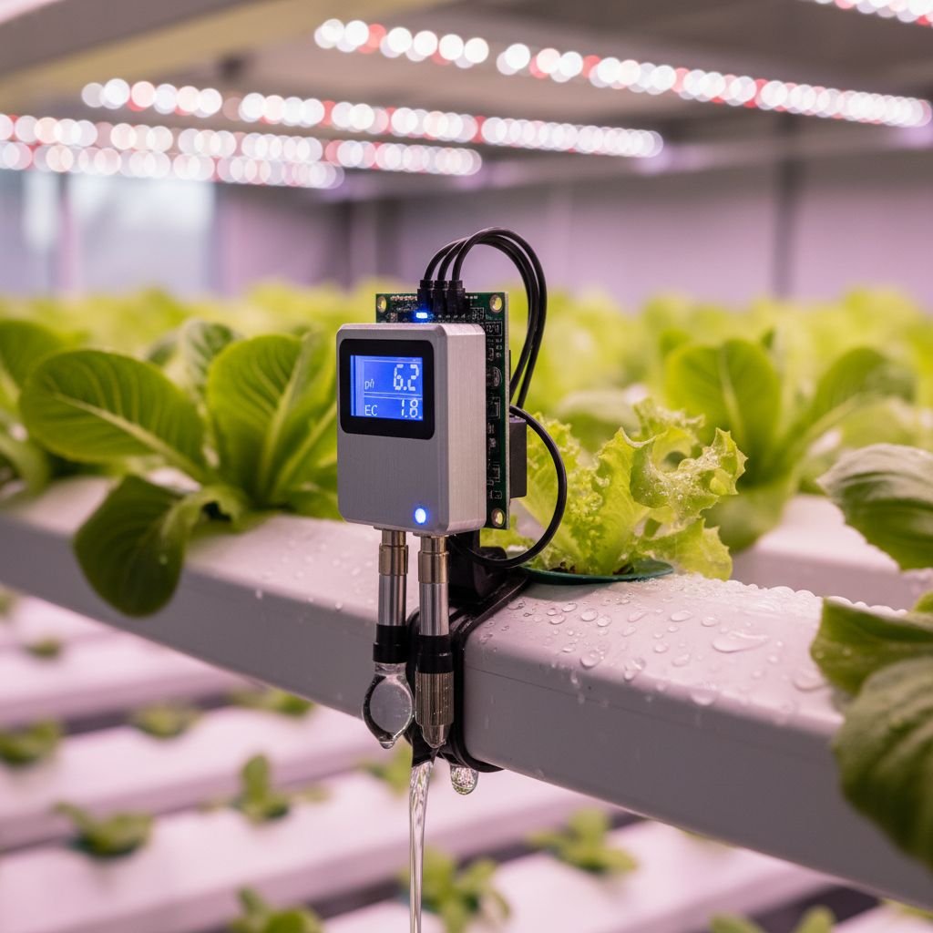 Macro shot of vertical farming sensors attached to a plant tray monitoring nutrient levels in a modern indoor greenhouse.