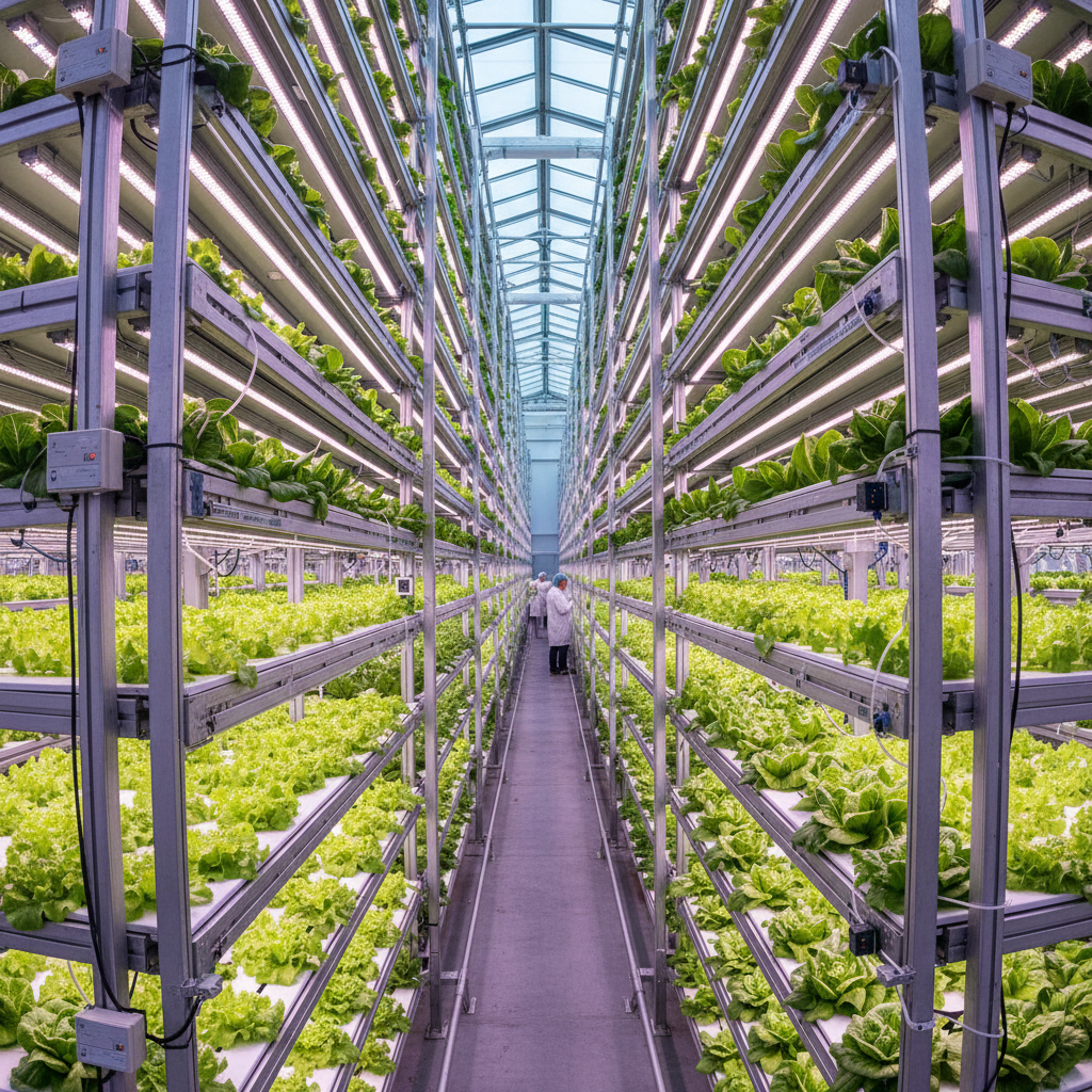 Wide view of a large indoor facility with hydroponic rows and integrated vertical farming sensors under bright grow lights.