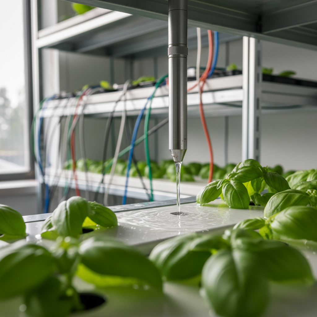 Close up of a technical sensor and lush green plants inside a system utilizing modern vertical farming technology.