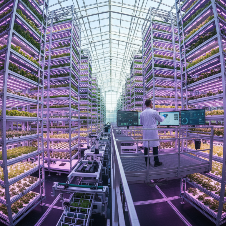 Wide view of a large indoor facility using vertical farming technology with glowing LED rows and a technician on a catwalk.