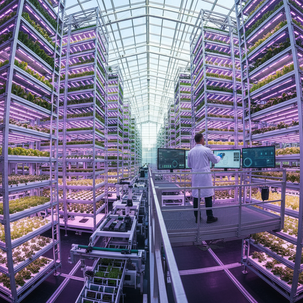 Wide view of a large indoor facility using vertical farming technology with glowing LED rows and a technician on a catwalk.