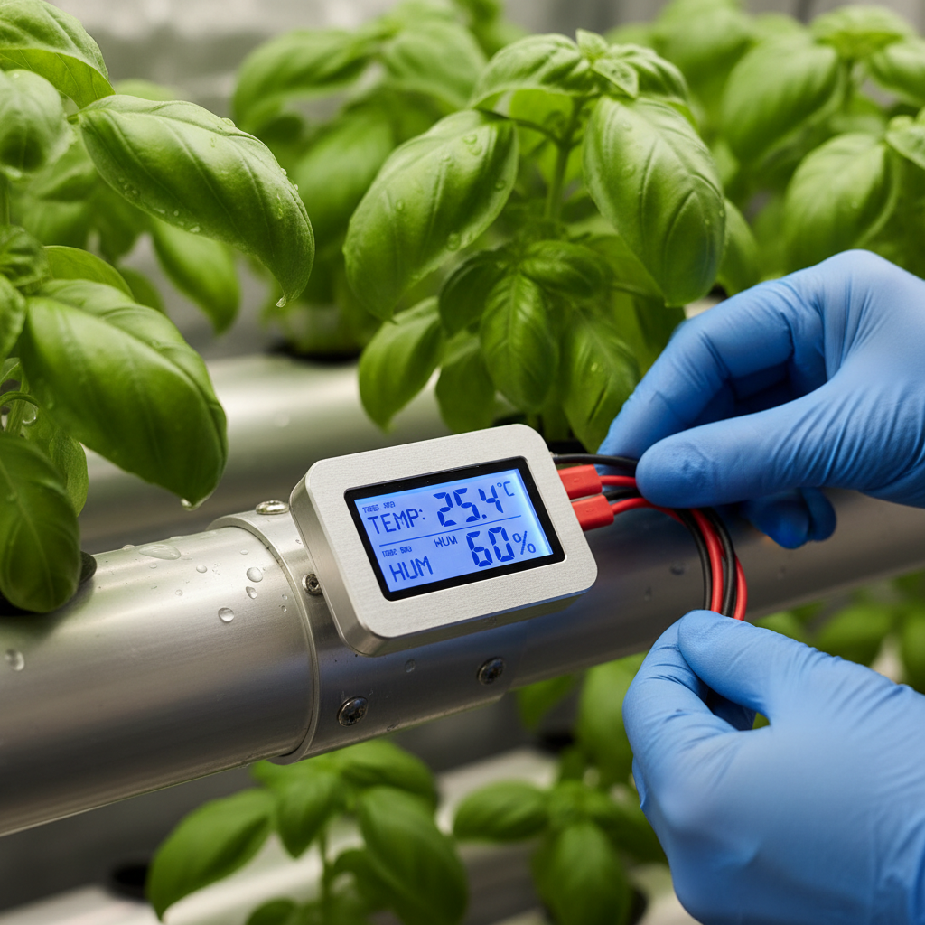 Close up of a digital sensor used for vertical farming temperature monitoring on a shelf with leafy green plants.