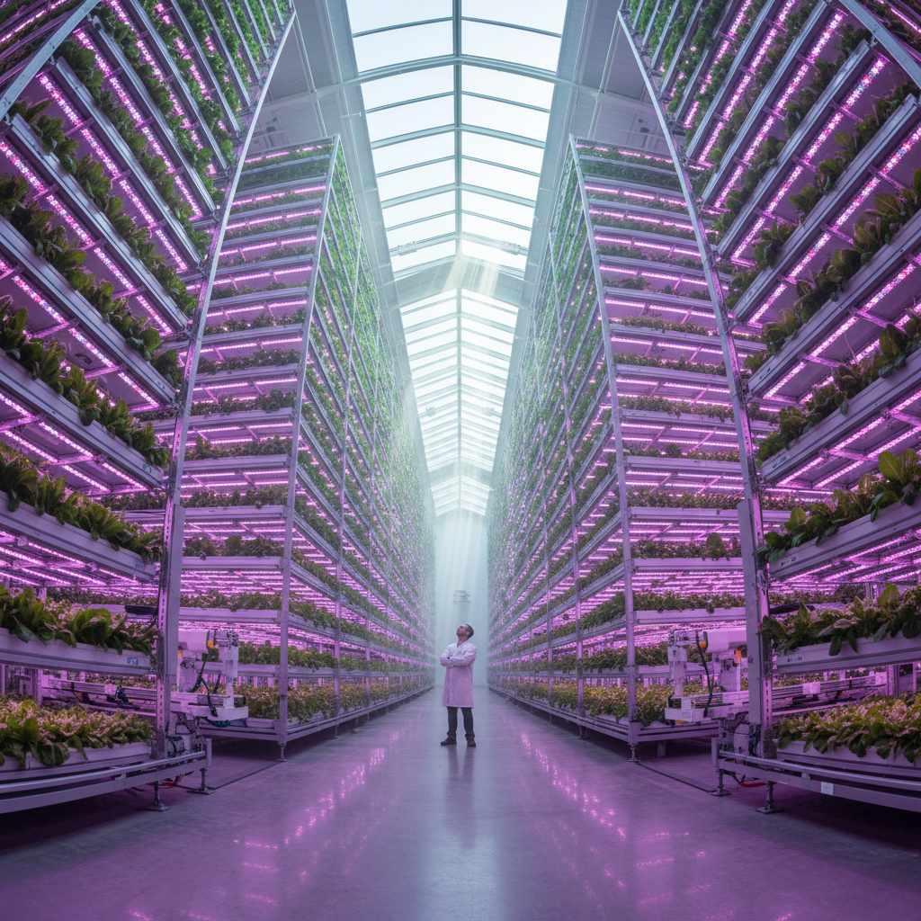 Wide view of a large indoor facility showing vertical farming temperature monitoring systems across rows of green crops.