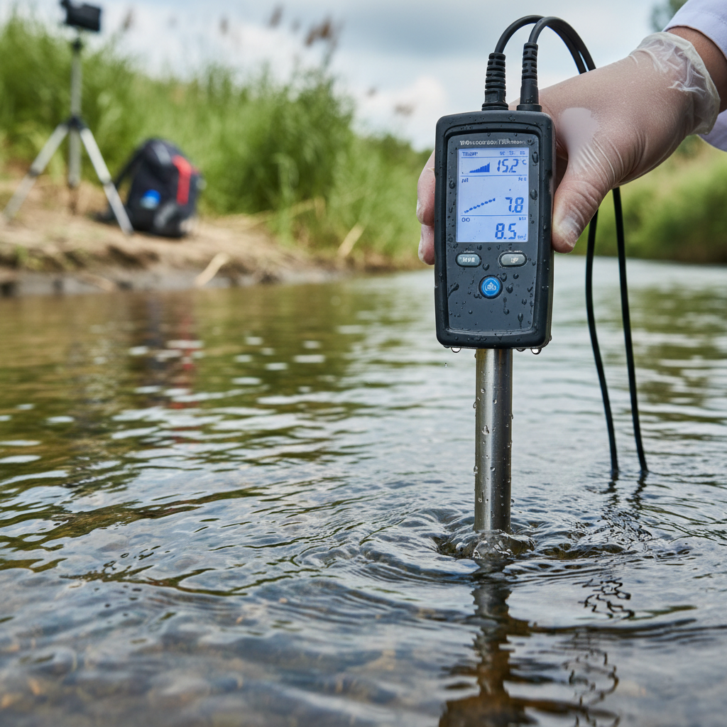 A close up of a hand holding water quality monitoring sensors in a river to collect environmental data samples.