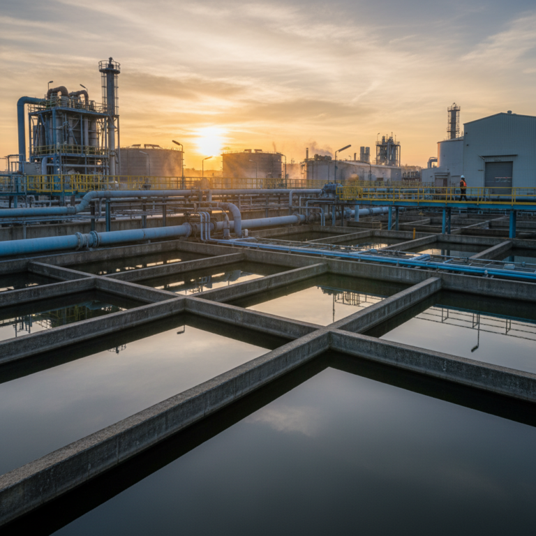 Panoramic view of a water treatment plant featuring industrial basins and water quality monitoring sensors at sunrise.