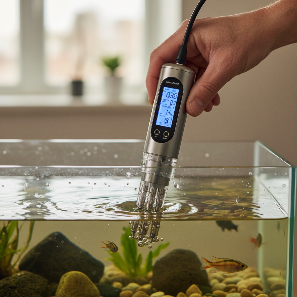 Close up of a technician using portable water quality sensors for fish farming to test oxygen levels in a professional tank.