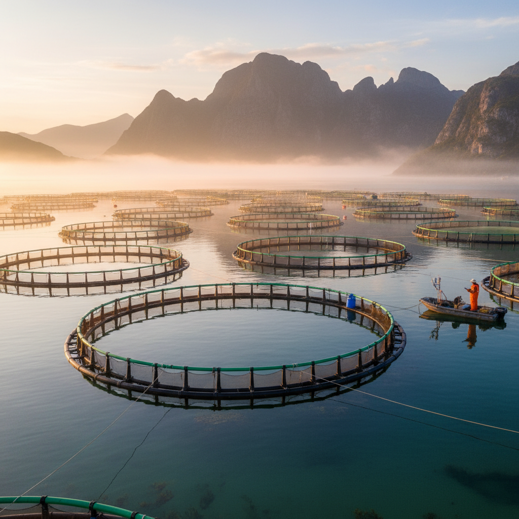 Wide view of a coastal aquaculture farm using water quality sensors for fish farming to monitor large circular pens at dawn.