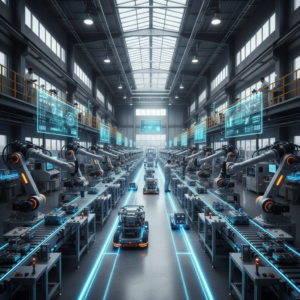 Wide view of an automated smart factory with robots and data screens explaining what is industry 4.0 in practice.