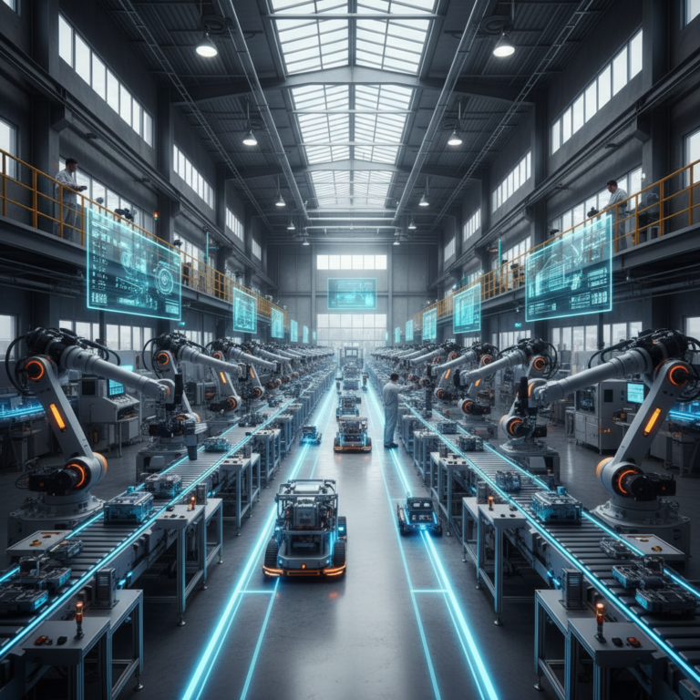 Wide view of an automated smart factory with robots and data screens explaining what is industry 4.0 in practice.