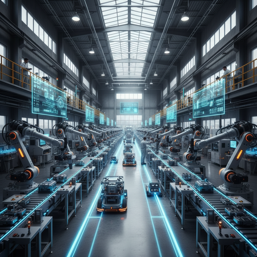 Wide view of an automated smart factory with robots and data screens explaining what is industry 4.0 in practice.